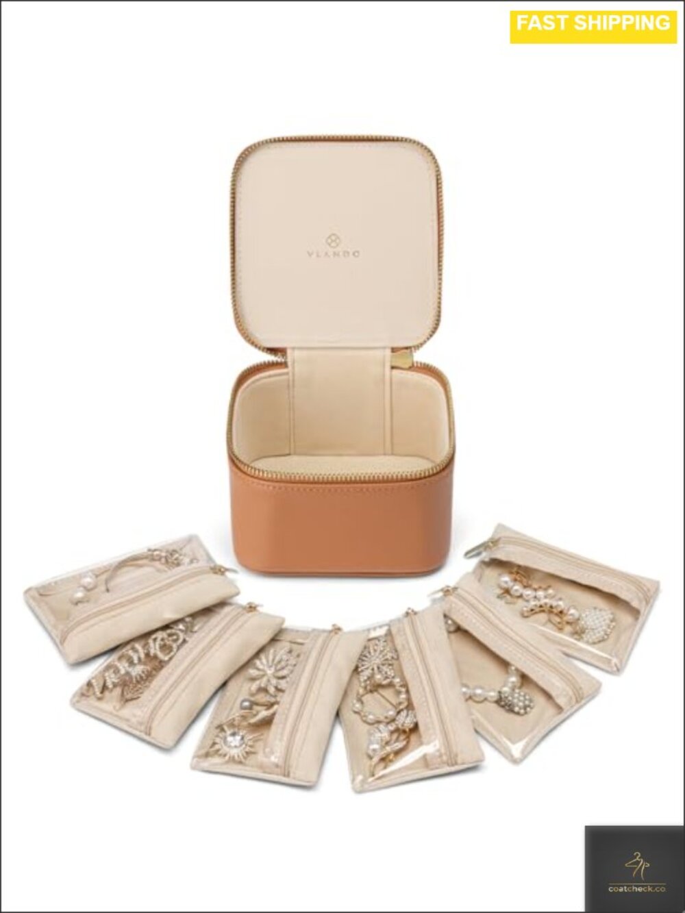 Travel Jewelry Organizer Case with 6 Velvet Pouches Faux Leather
